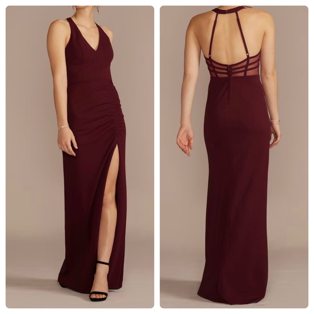 City Triangles ruched crepe halter neck sheath with slit - Size 8